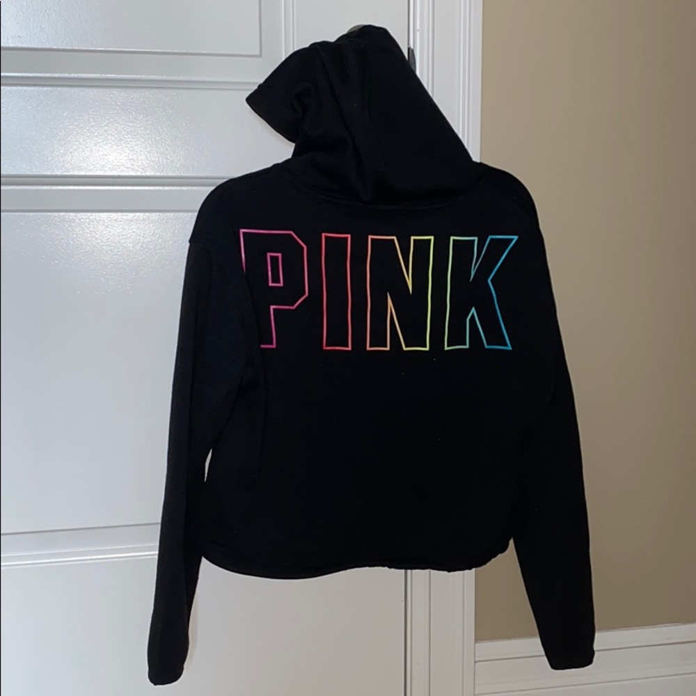 Pink brand hoodie black with rainbow lettering